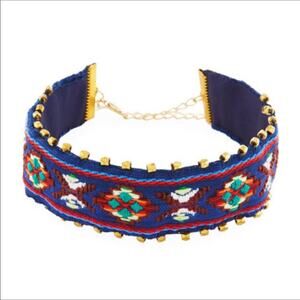 Panacea NWT Boho Choker Embroidered Blue & Gold Wide Gold Studs